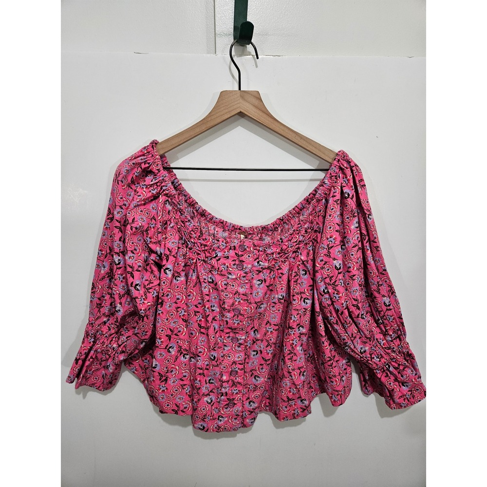Free People M Pink Floral Peasant Blouse 100% Cotton Puff Sleeve Boho Cottagecor